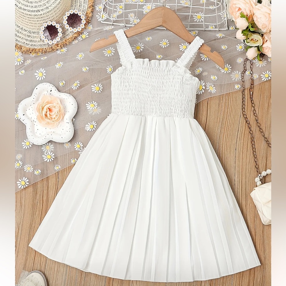 Girls Solid Sleeveless, Ruffle Trim Dress